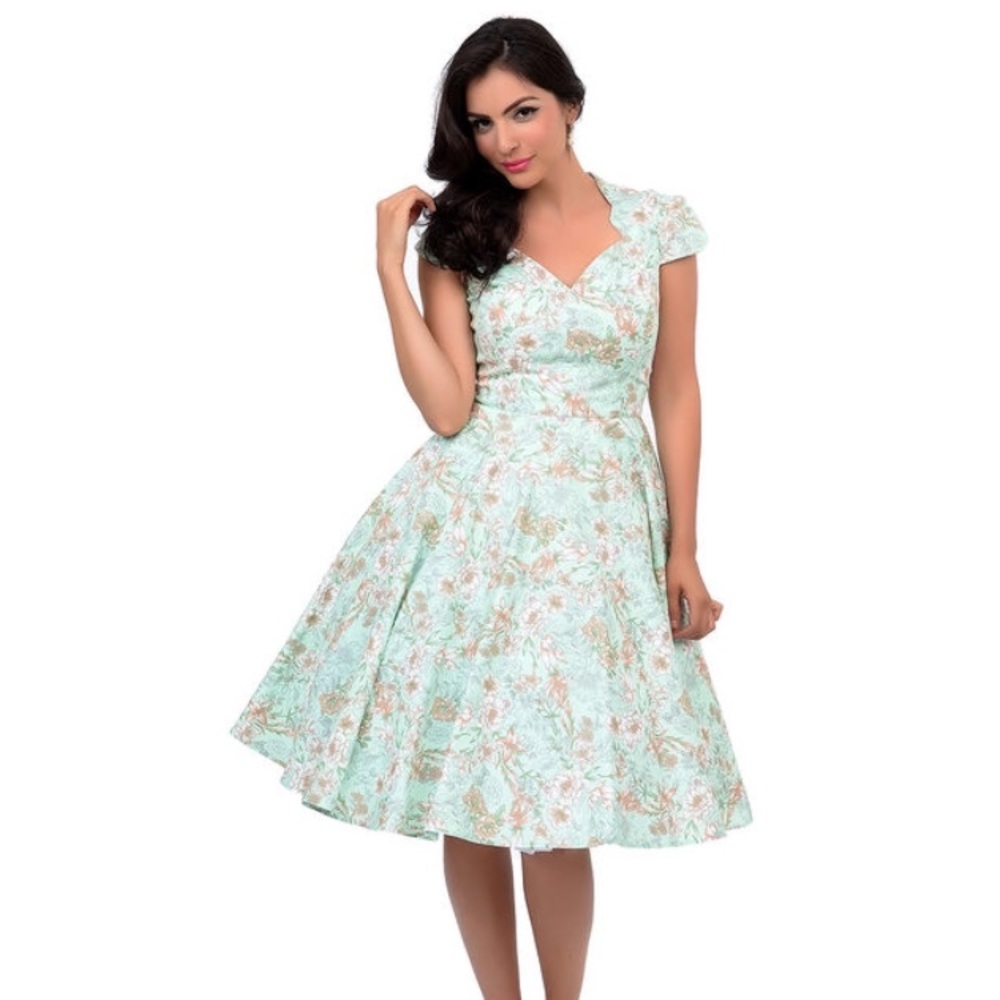 Size XS Hell Bunny Swing Dress, Mint Green & Coral